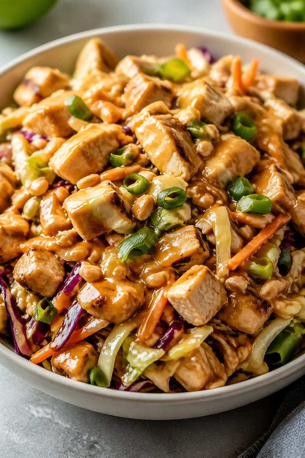 Close-up of peanut chicken slaw bowl with cabbage, chicken, carrots, and dressing