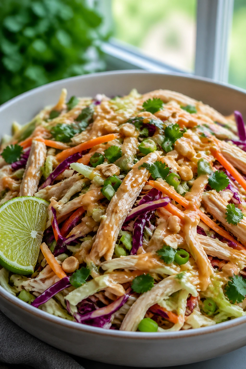 Close-up of Chicken Slaw with Peanut-Lime dressing showing shredded cabbage and chicken in a large bowl