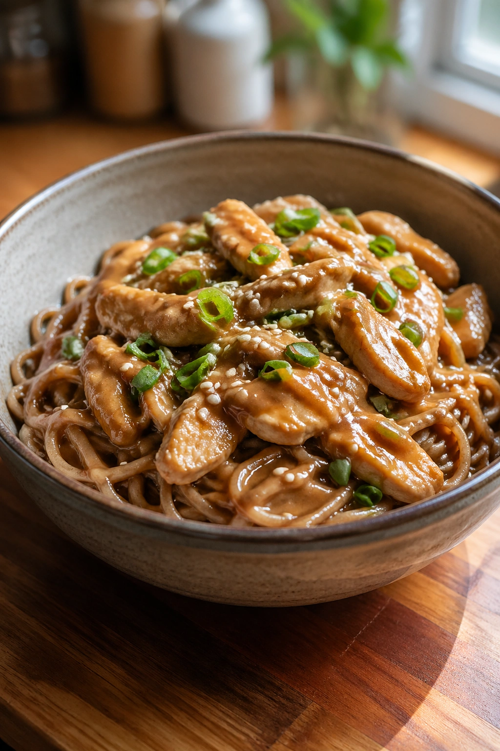 Close-up of Peanut Chicken Soba Noodles bowl with glossy sauce on wooden kitchen counter
