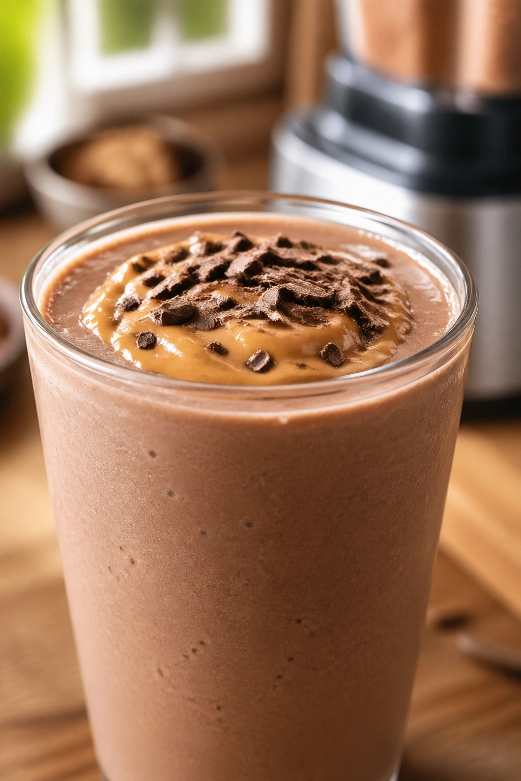 Close-up of a creamy chocolate peanut butter smoothie in a glass on a warm kitchen counter.
