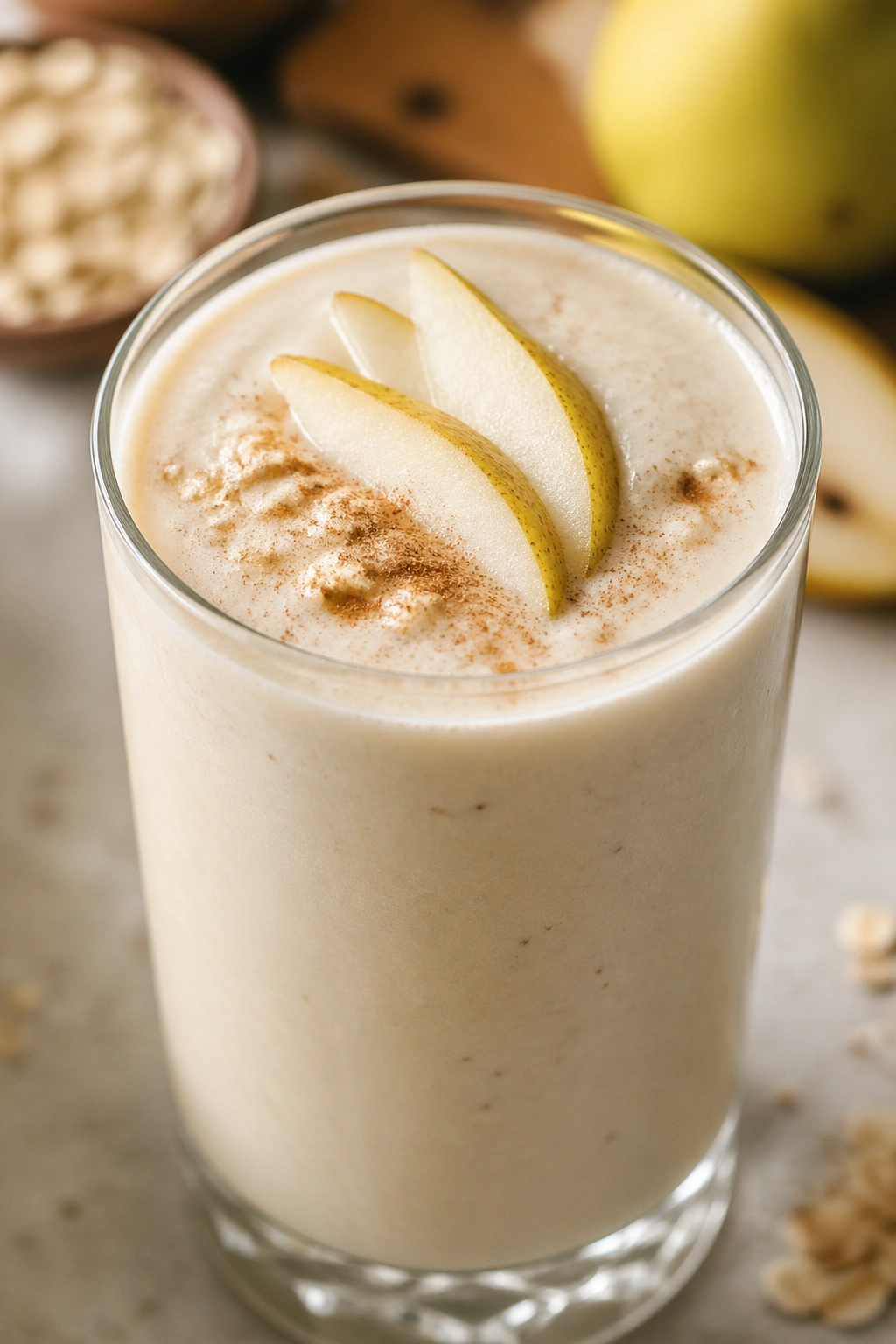 Pale pear yogurt smoothie in a glass on a breakfast counter