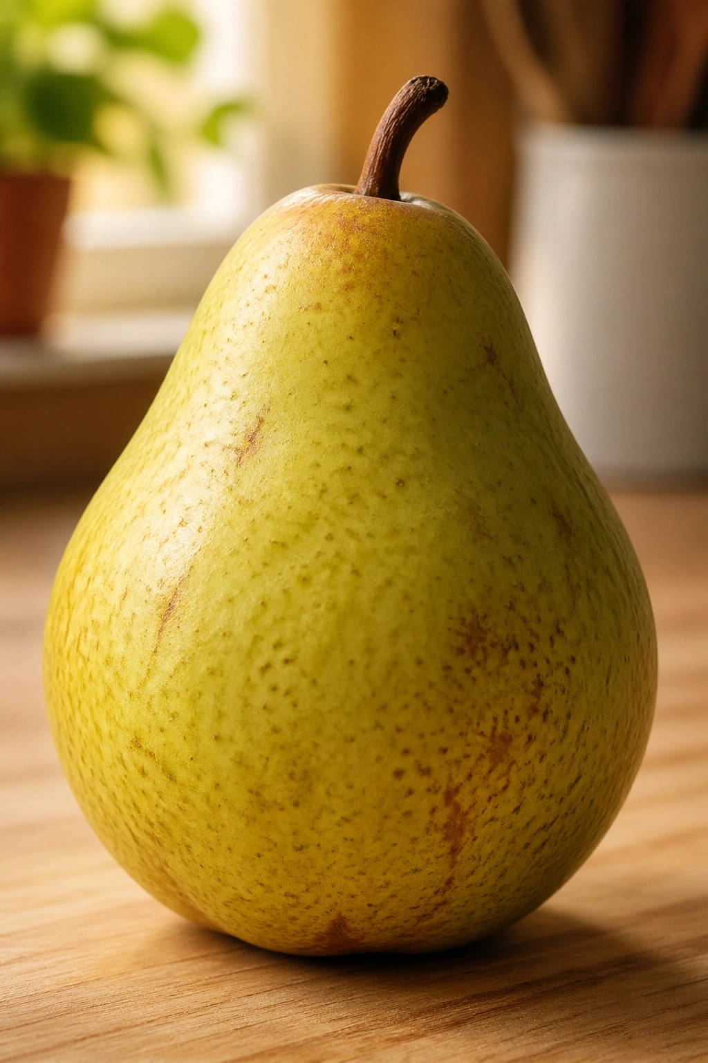 Close-up of a ripe pear filling the frame on a wooden surface.