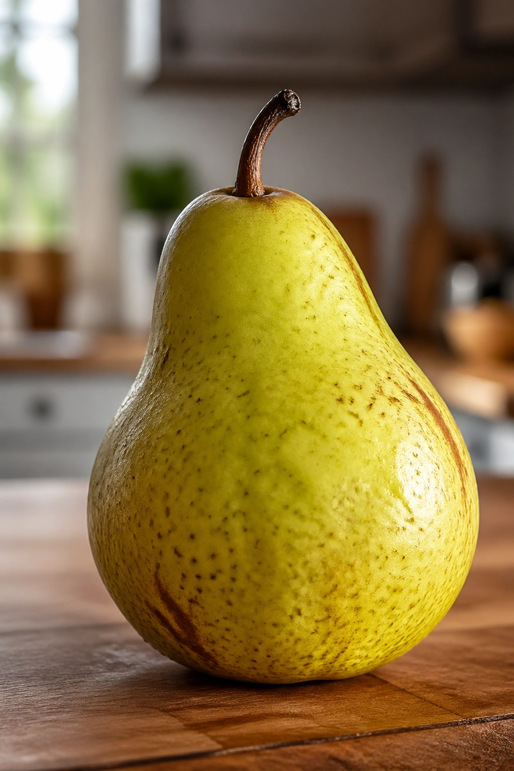 Close-up of a single pear on a wooden kitchen counter with soft background