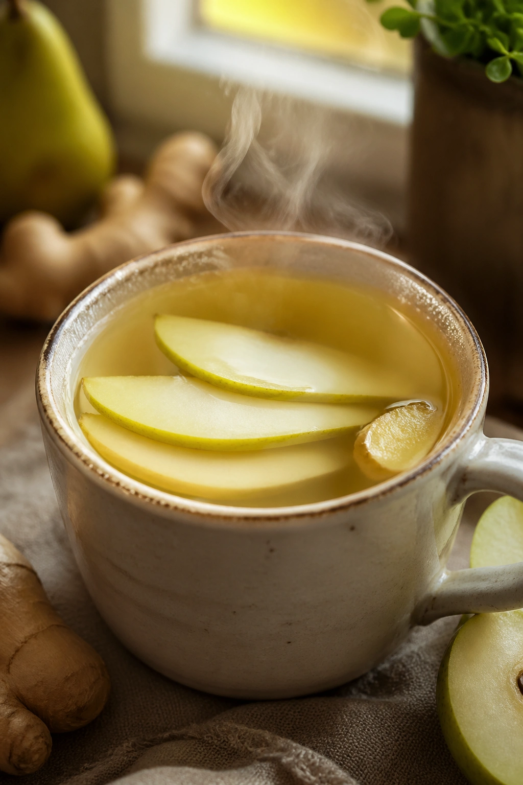 Steaming mug of Pear Ginger Hot Green Tea with pear slices