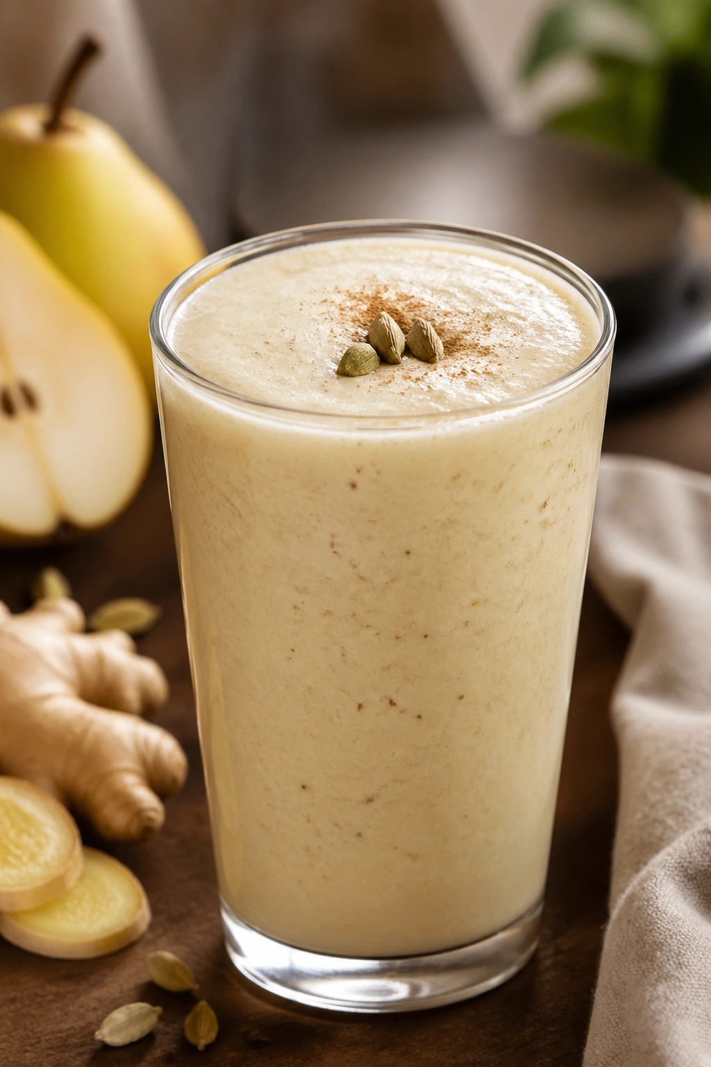 Close-up of pear ginger cardamom smoothie in glass on kitchen counter