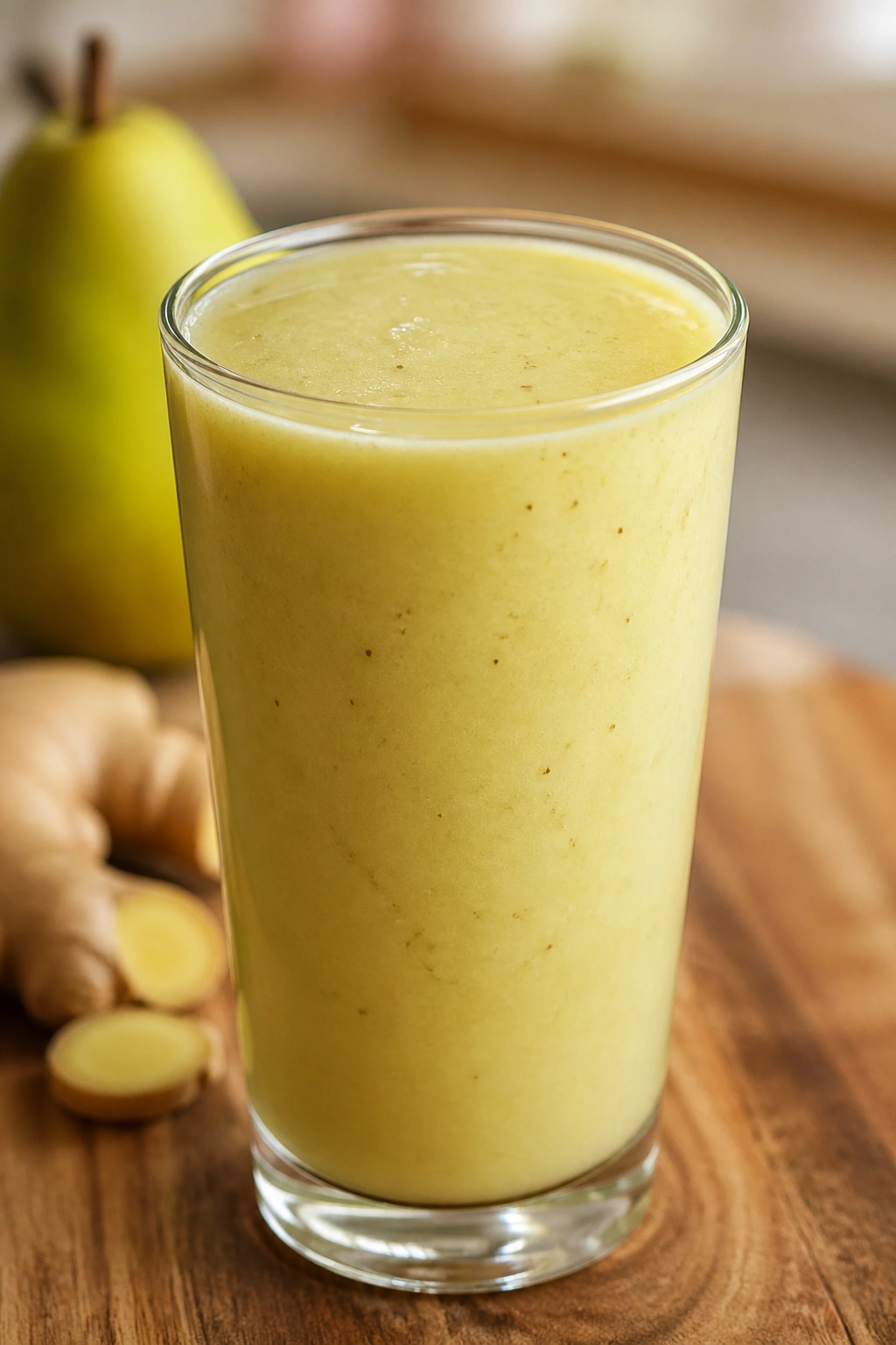 Close-up of Pear and Ginger Digestive Aid smoothie in a glass on a wooden counter.