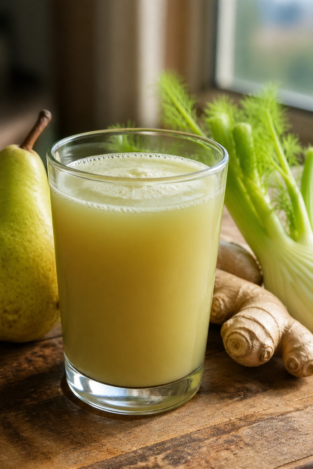 Close-up of pale green-gold juice in a glass on a wooden kitchen counter.