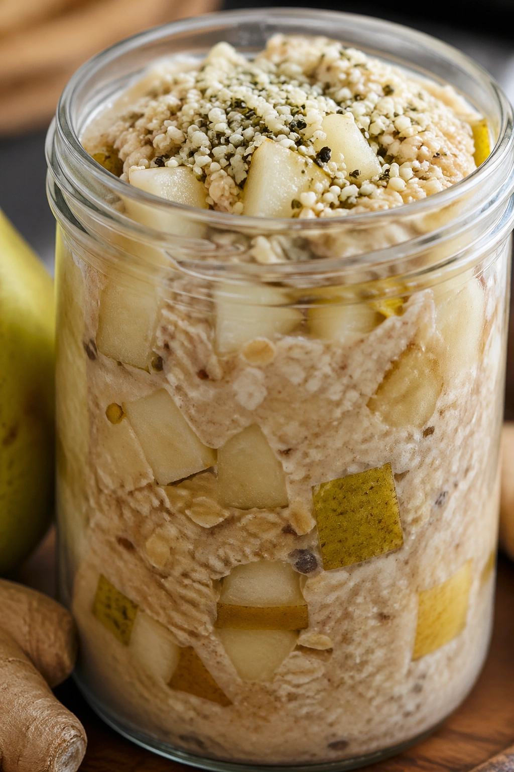 Close-up of pear ginger hemp oats in a jar with diced pear and hemp hearts