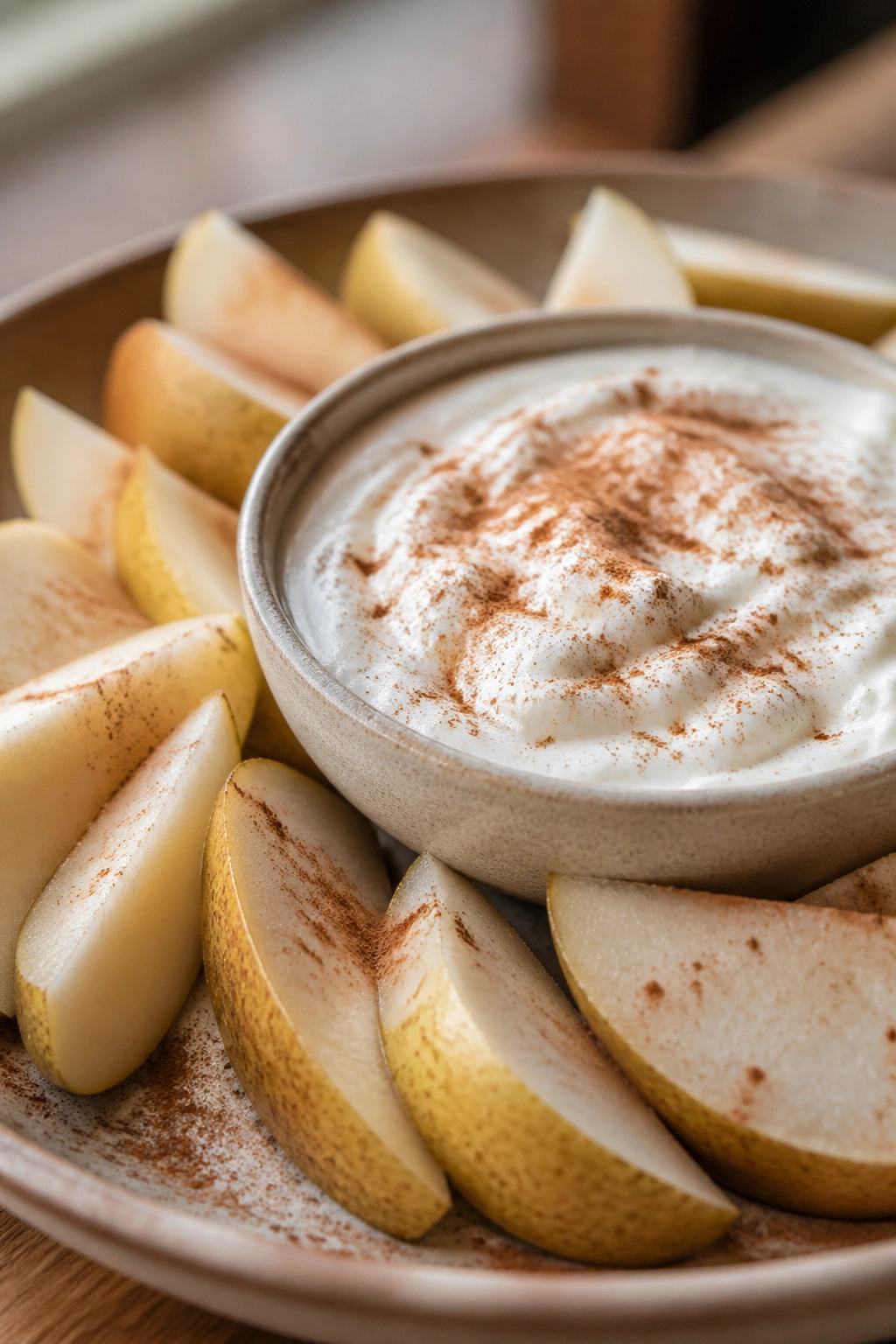 Pear slices with Skyr and cinnamon in a warm kitchen