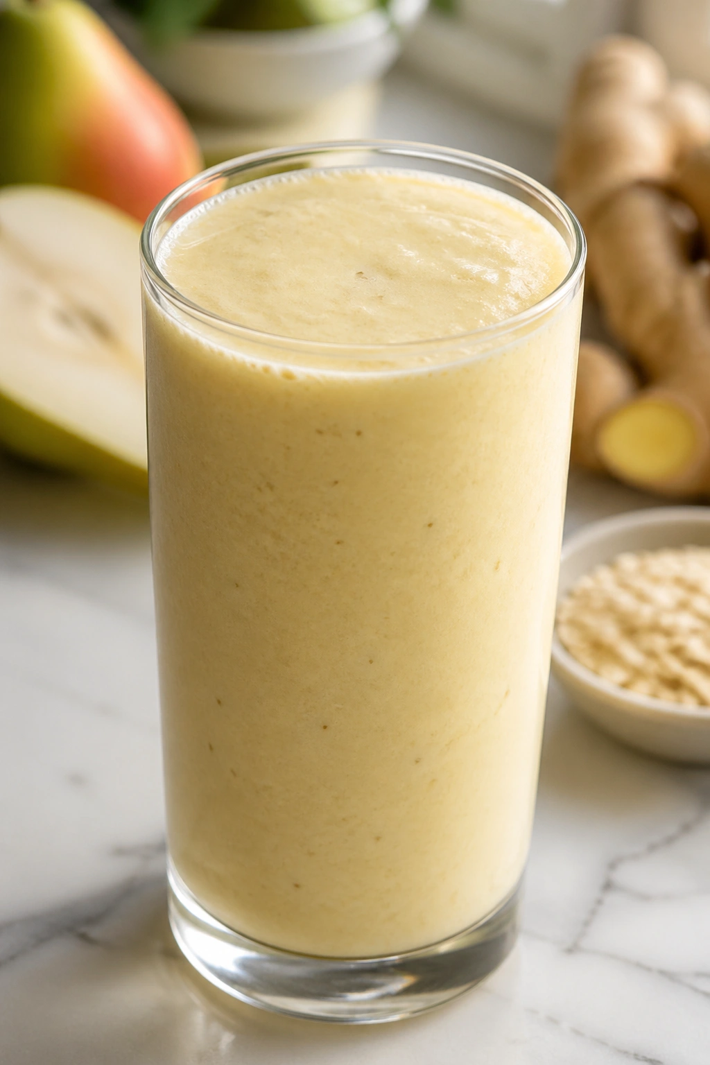 Close-up of Pear Ginger Skyr Smoothie in a glass on a bright kitchen counter