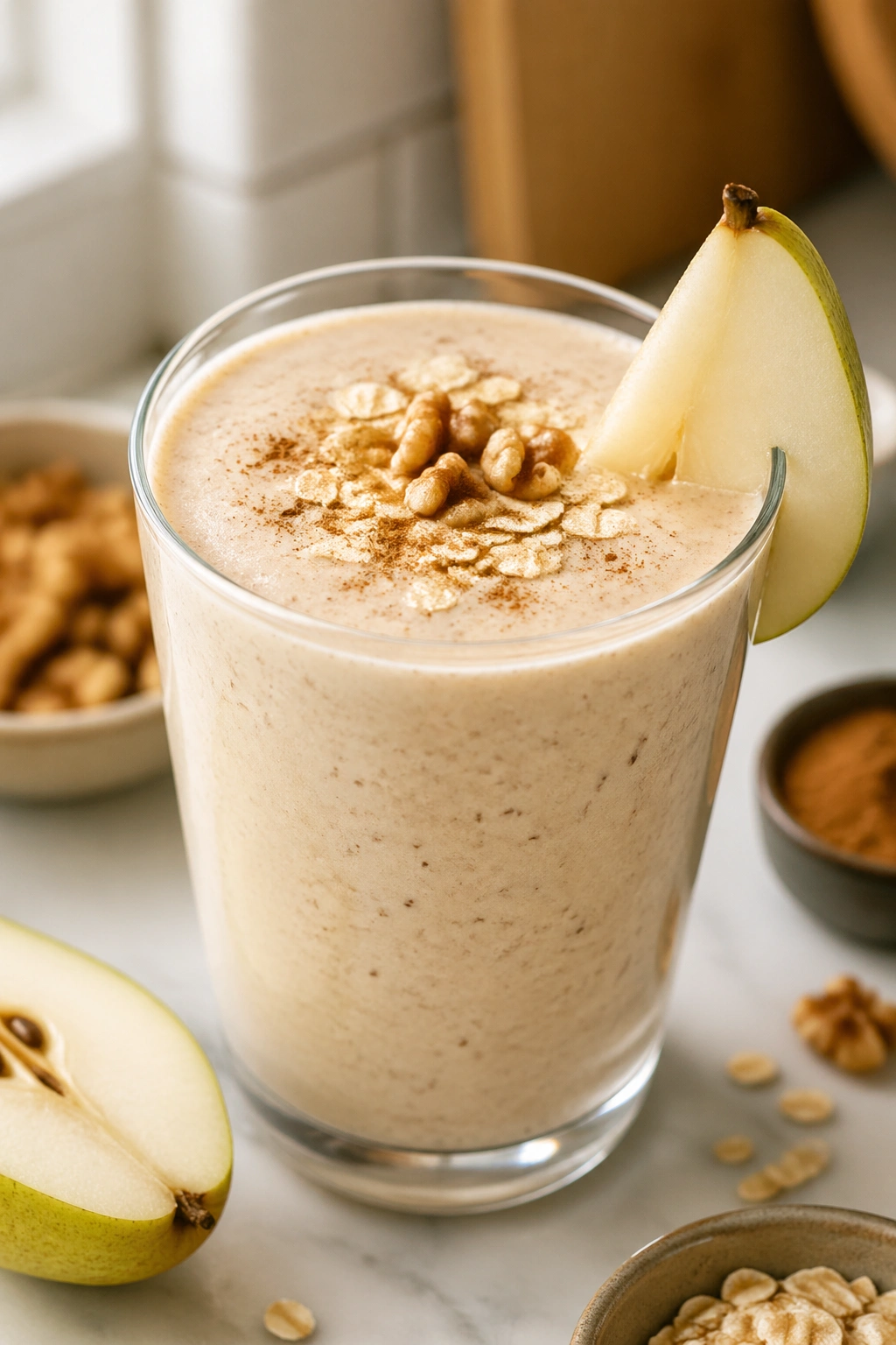 Close-up of Pear Cardamom Walnut Smoothie in a glass on a kitchen counter