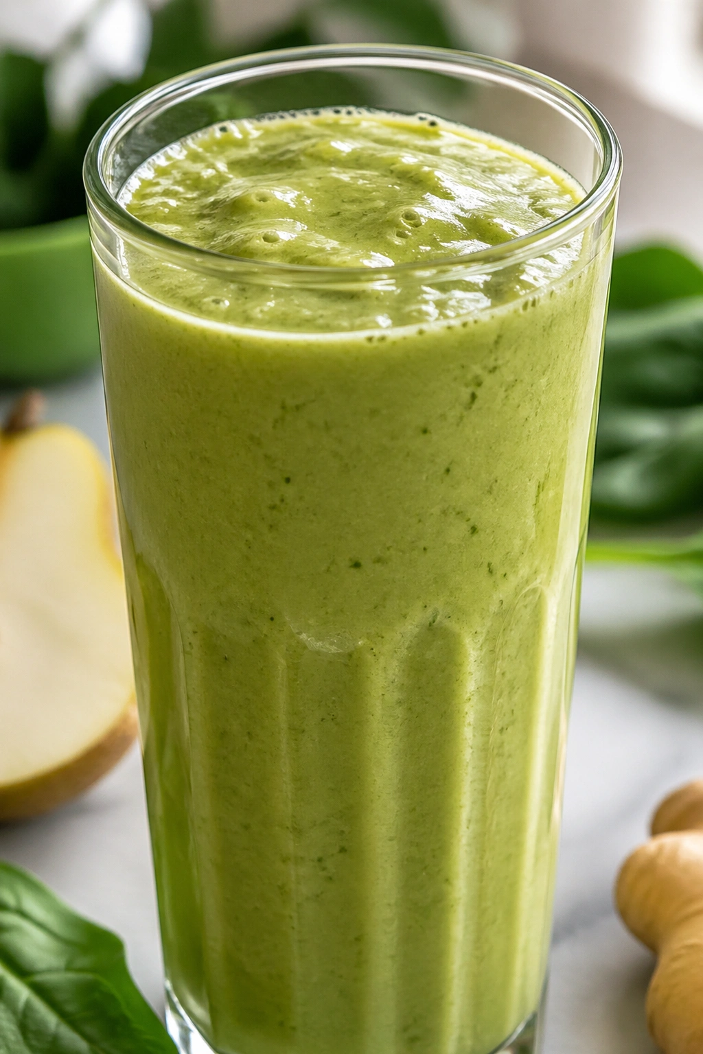 Close-up of pear ginger spinach smoothie in a glass on a bright kitchen counter