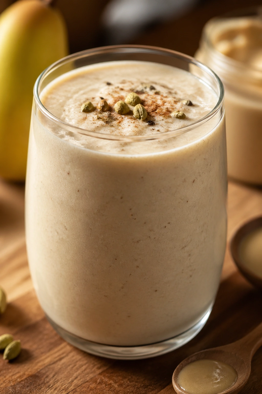 Close-up of Pear Tahini Cardamom Smoothie in a glass on a wooden surface