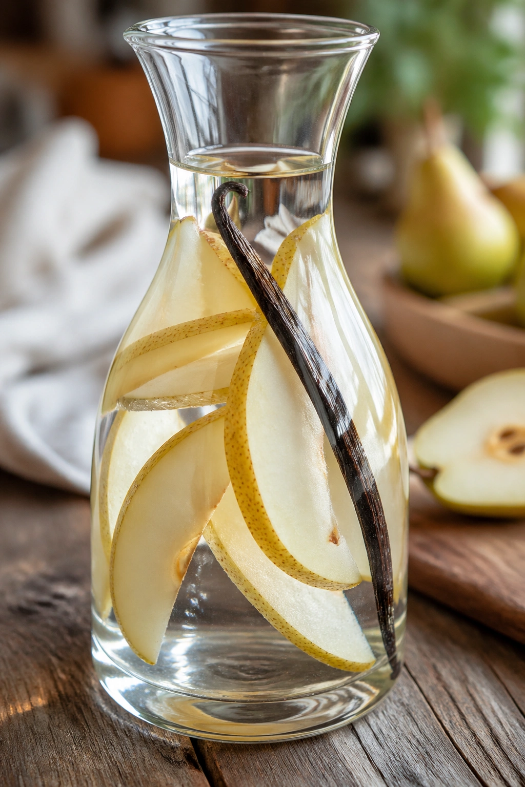 Glass carafe with pear and vanilla bean in water in a rustic kitchen.