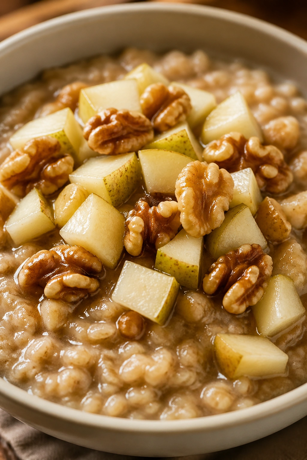 Bowl of steel-cut oats with pear pieces and walnuts