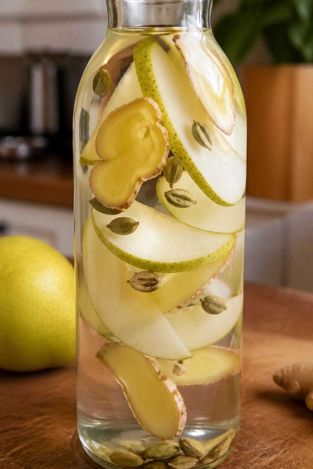 Close-up of pear ginger cardamom water in a glass bottle with pear, ginger, and cardamom