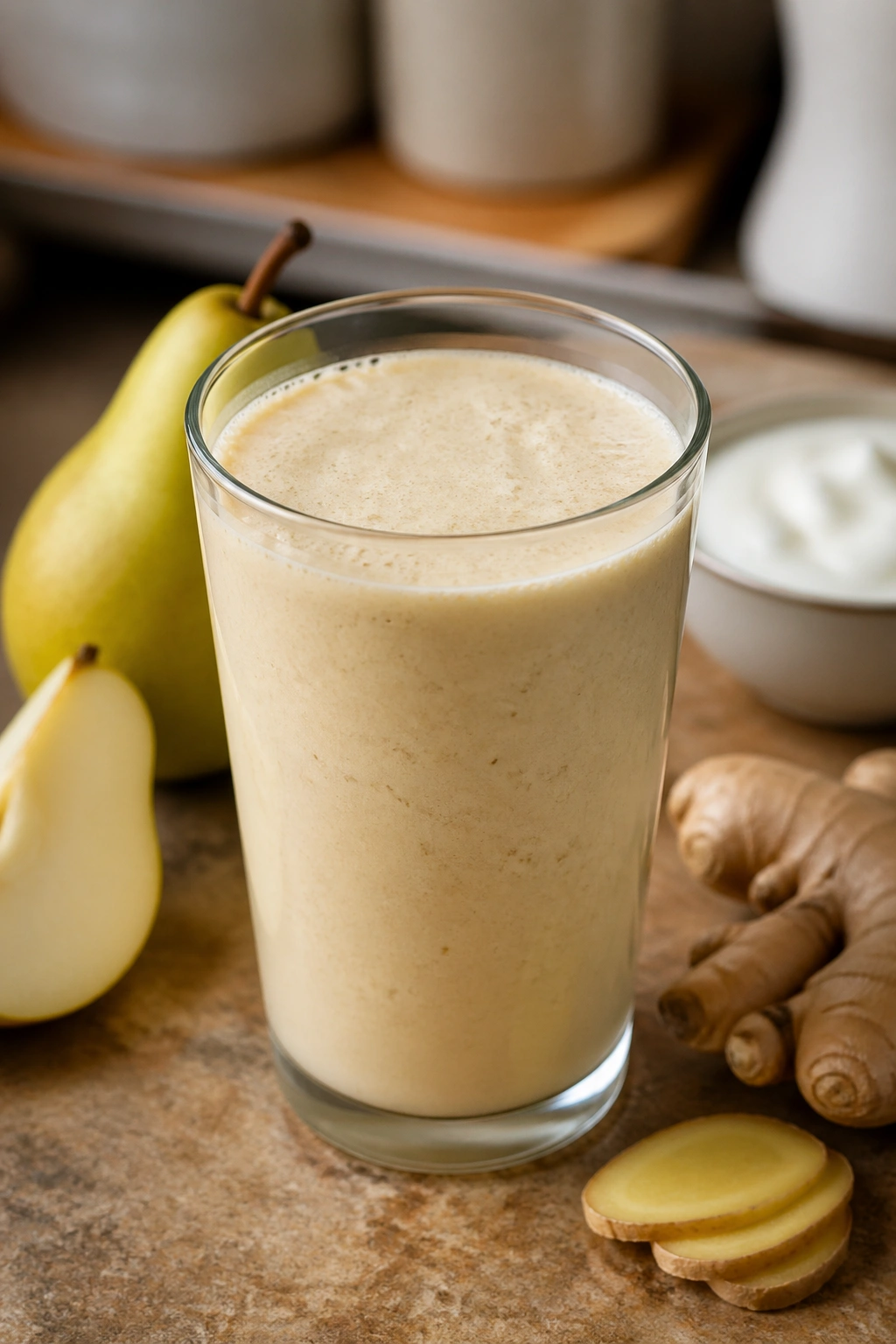 Glass of pear ginger yogurt smoothie on a warm kitchen counter.