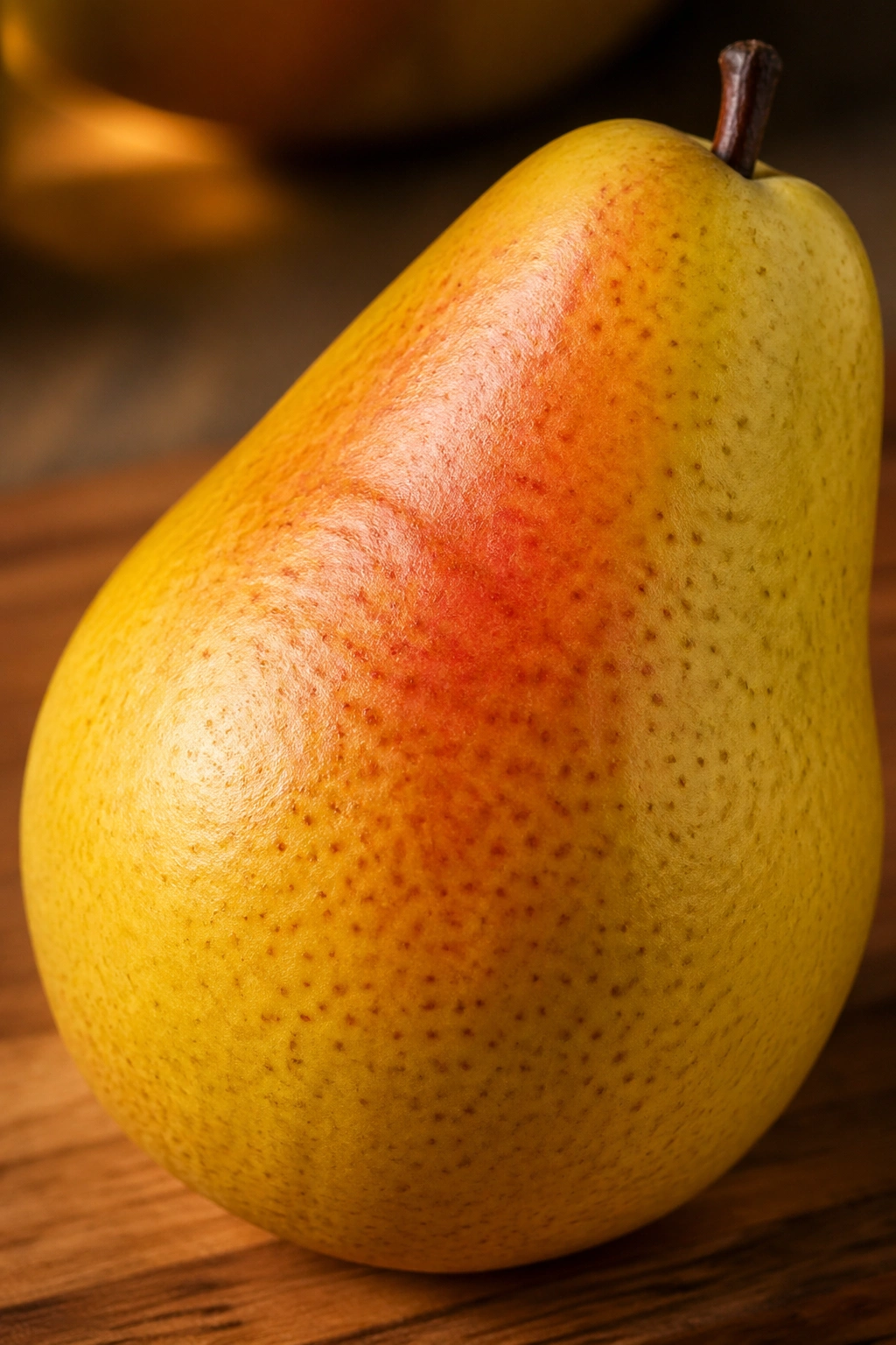 Close-up of a ripe pear filling the frame on a wooden surface.