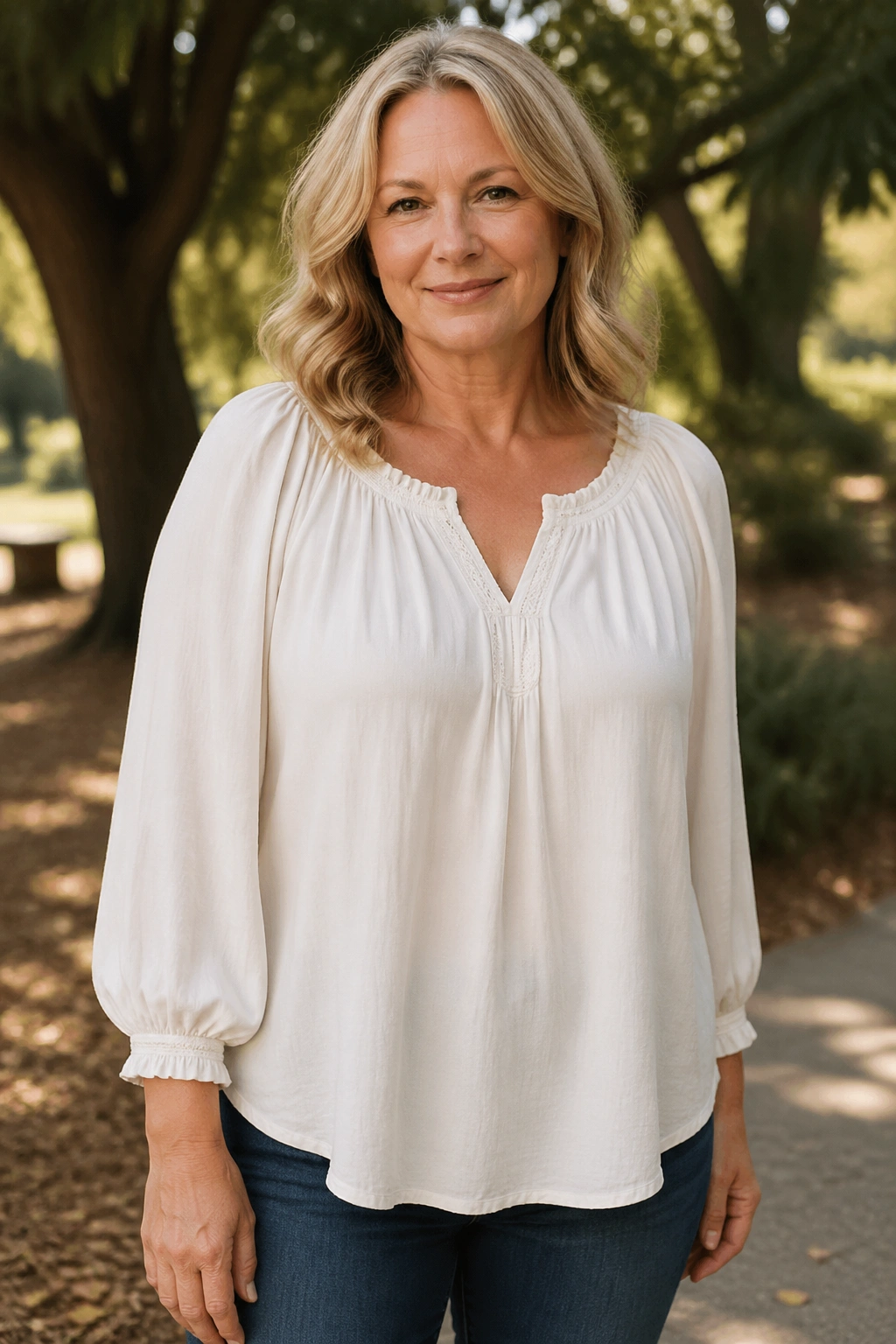 Woman in a peasant blouse with voluminous sleeves and cuffs.