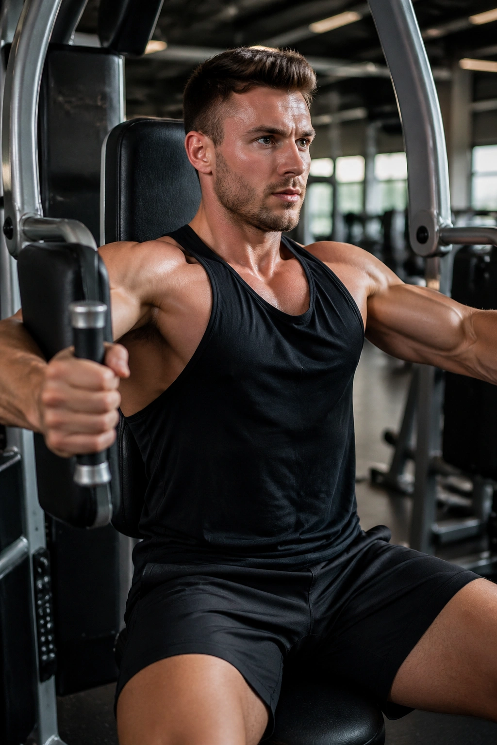 Close-up of athlete performing pec deck fly with controlled path