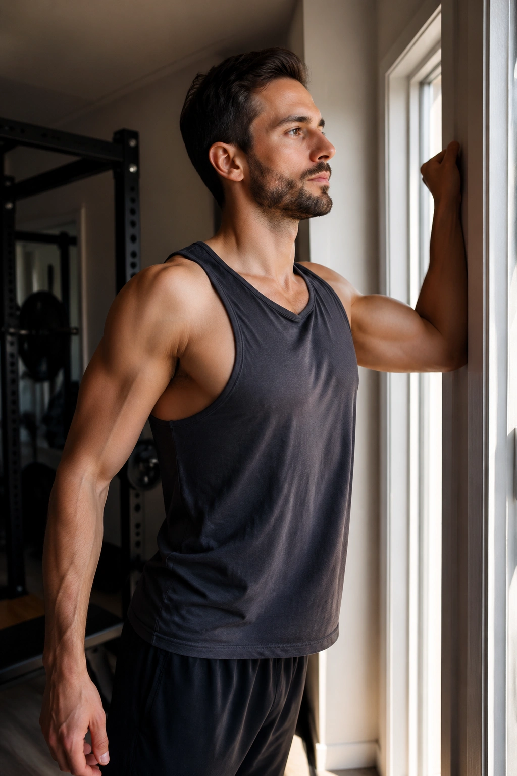 Close-up of a person performing a doorway pec stretch with forearm on a door frame and chest opening