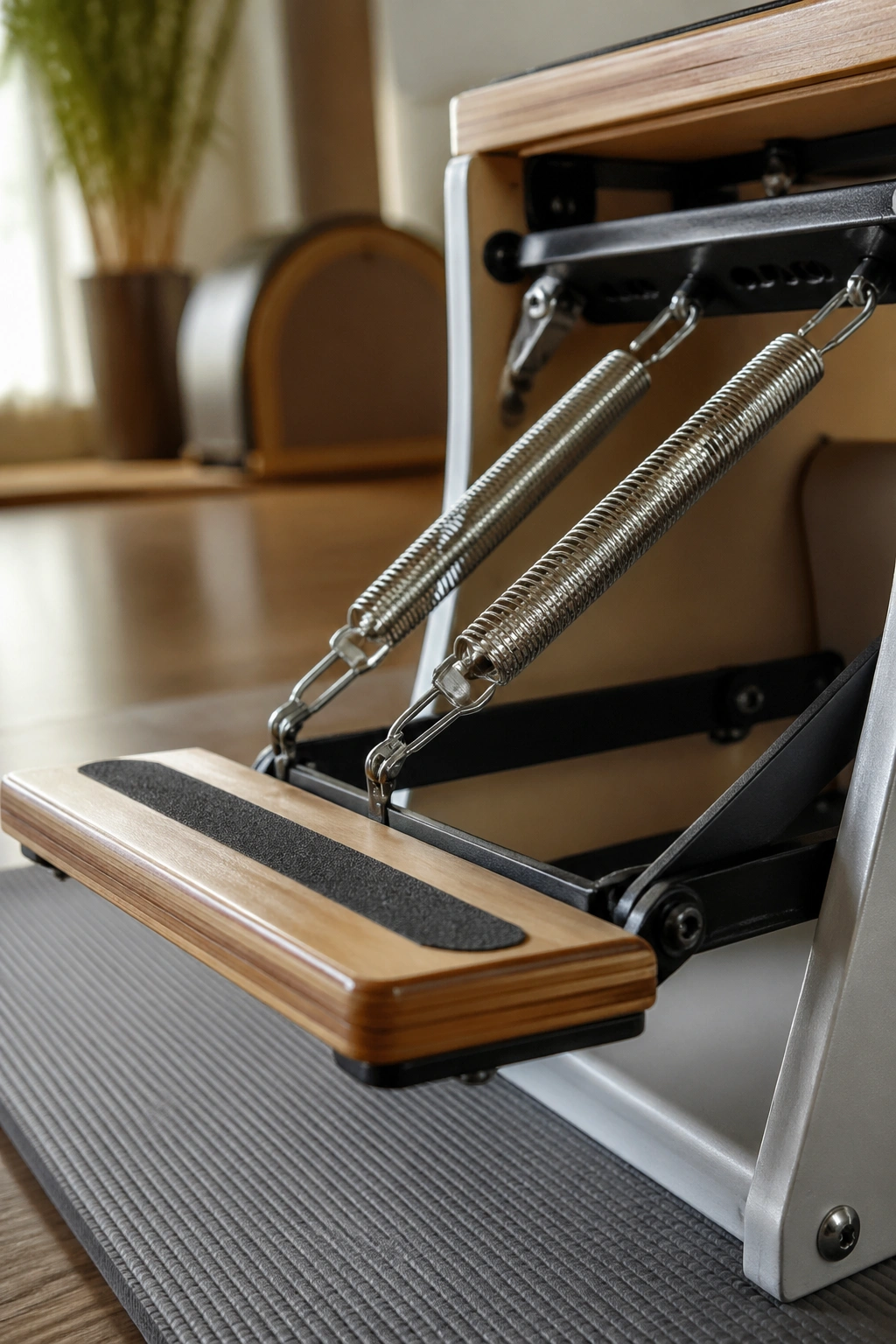 Close-up of a Pilates chair pedal and springs in action