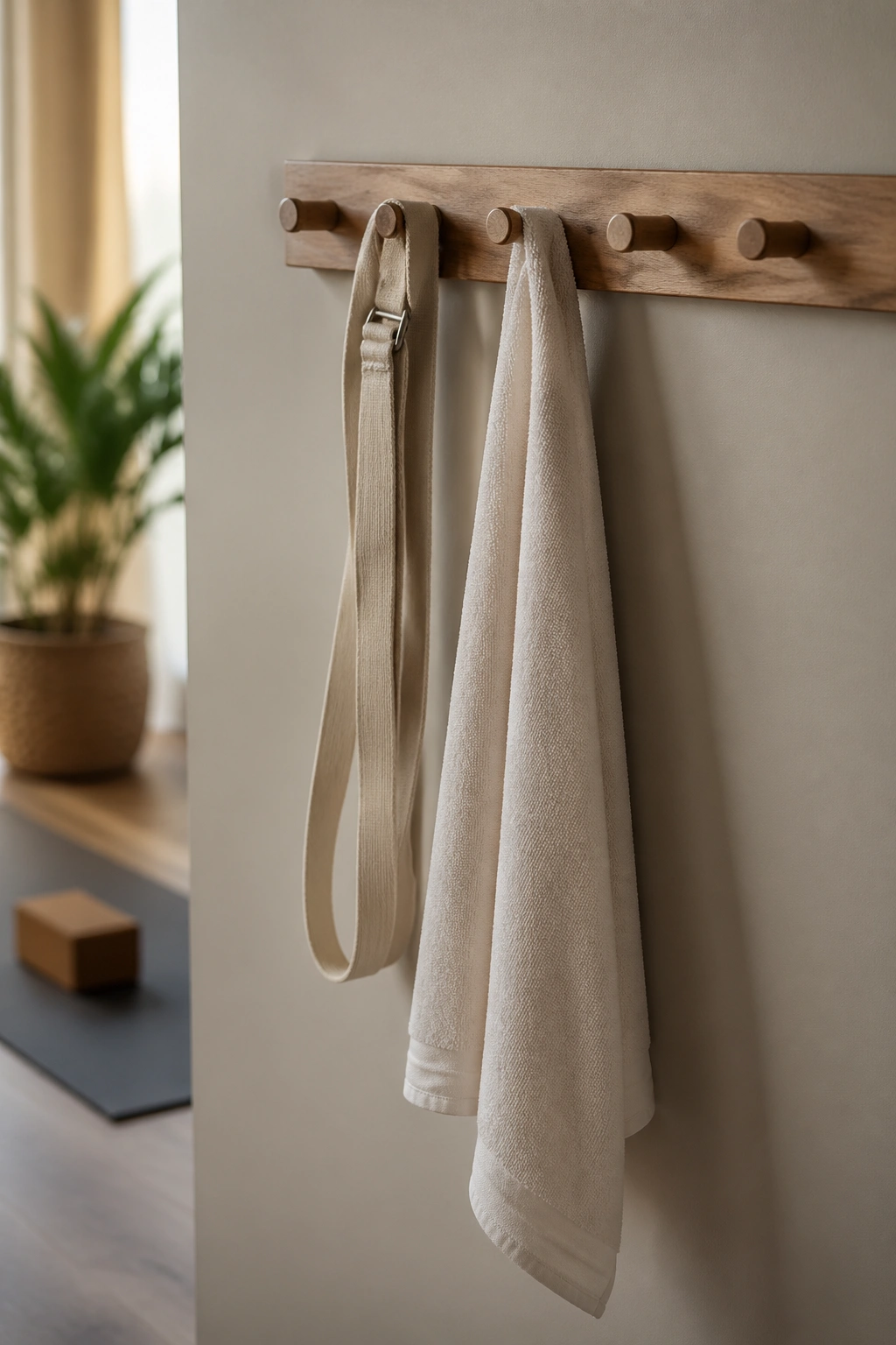 Close-up of a wooden peg rail with a towel and strap in a minimalist yoga room