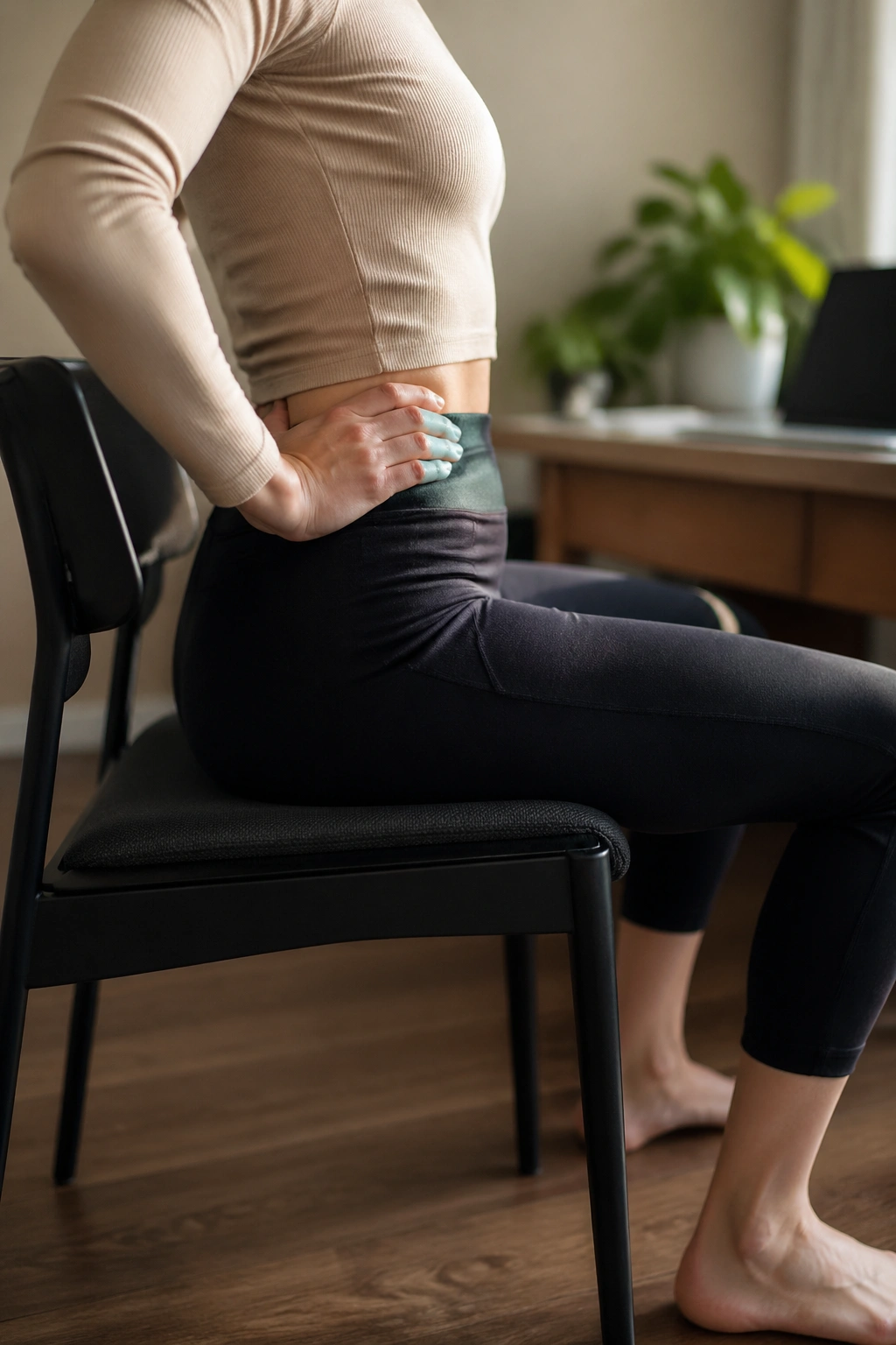 Close-up of a seated person performing pelvic tilts at the chair edge to reset hip movement