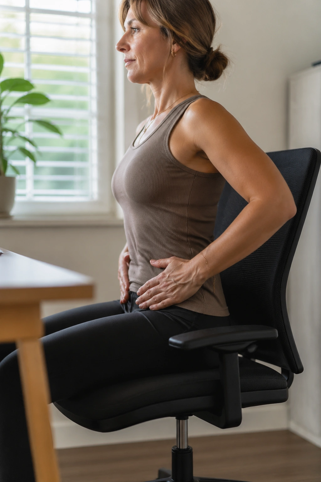 Close-up of pelvis during Pelvic Tilt Clock in Your Chair exercise in an office