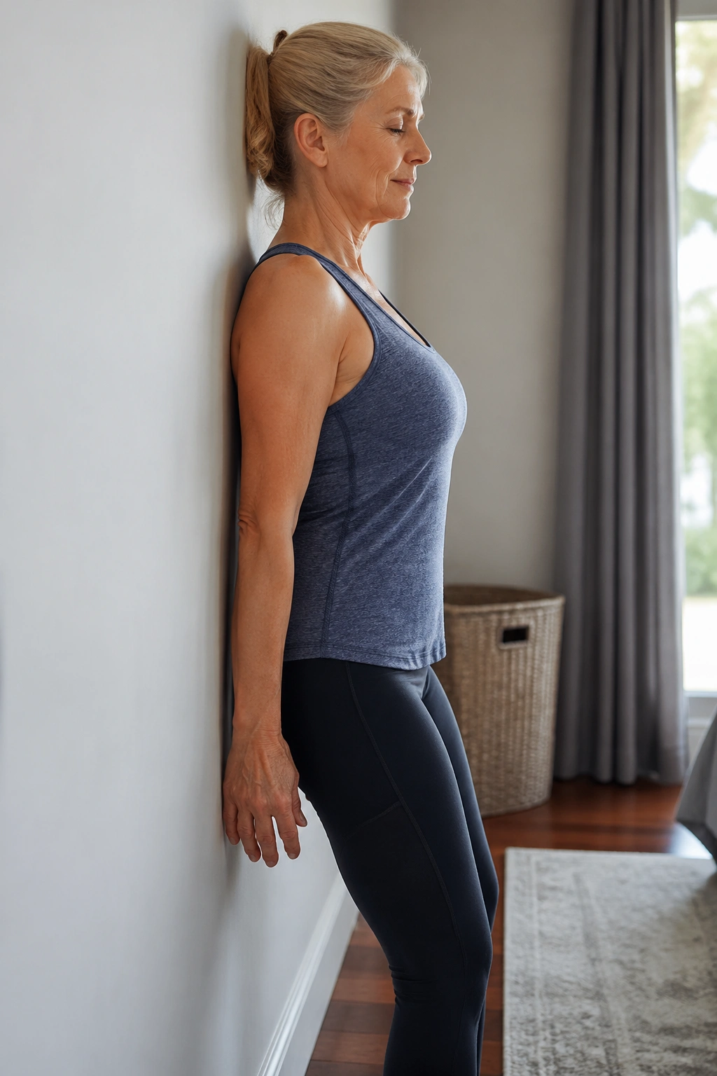 Portrait of a woman over 50 performing standing pelvic tilts against a wall