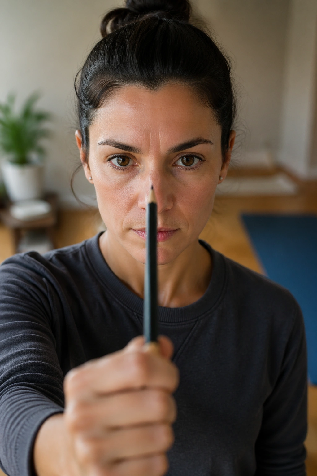 Close-up of a person performing pencil push-ups for convergence with pencil near nose