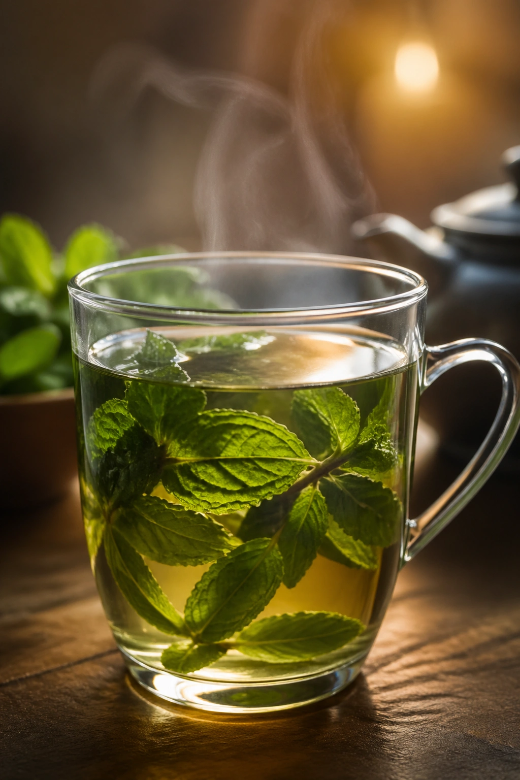 Close-up of peppermint tea with mint leaves and steam, cozy kitchen setting
