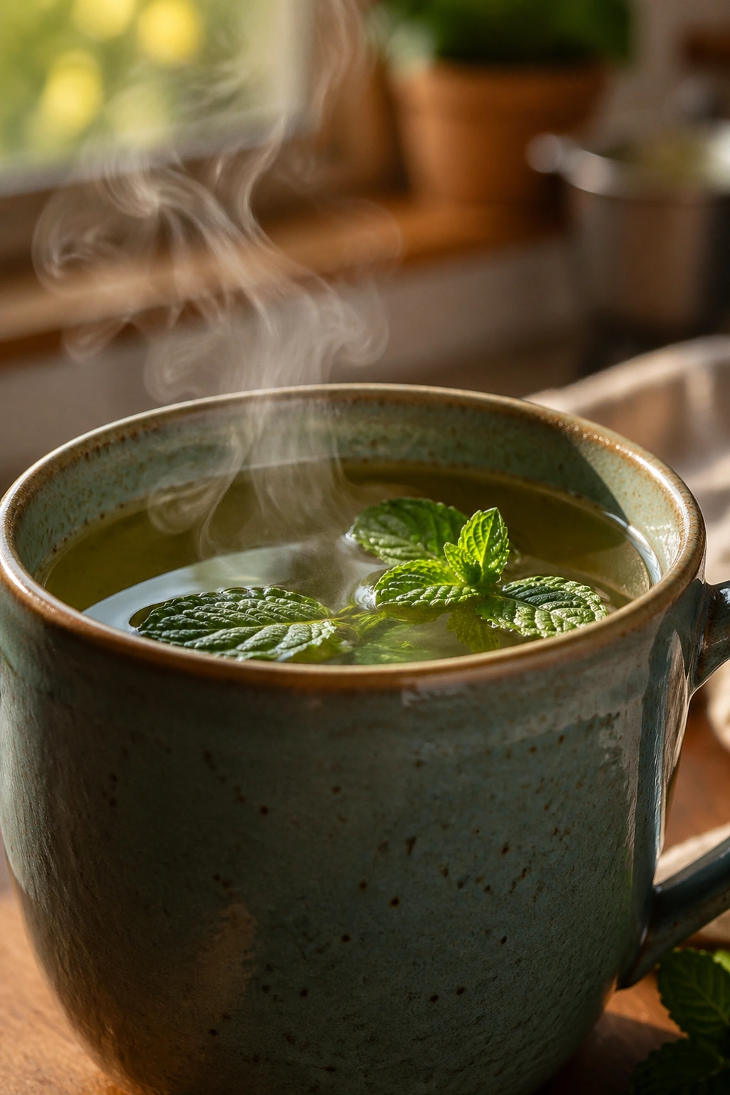 Close-up of steaming peppermint tea in a ceramic mug on a kitchen counter