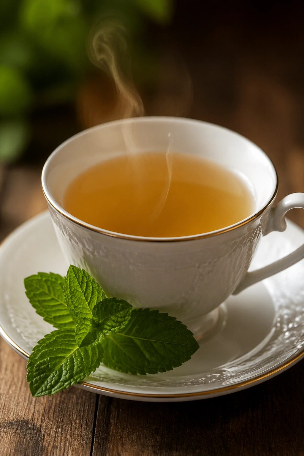 Close-up of peppermint tea in a porcelain cup