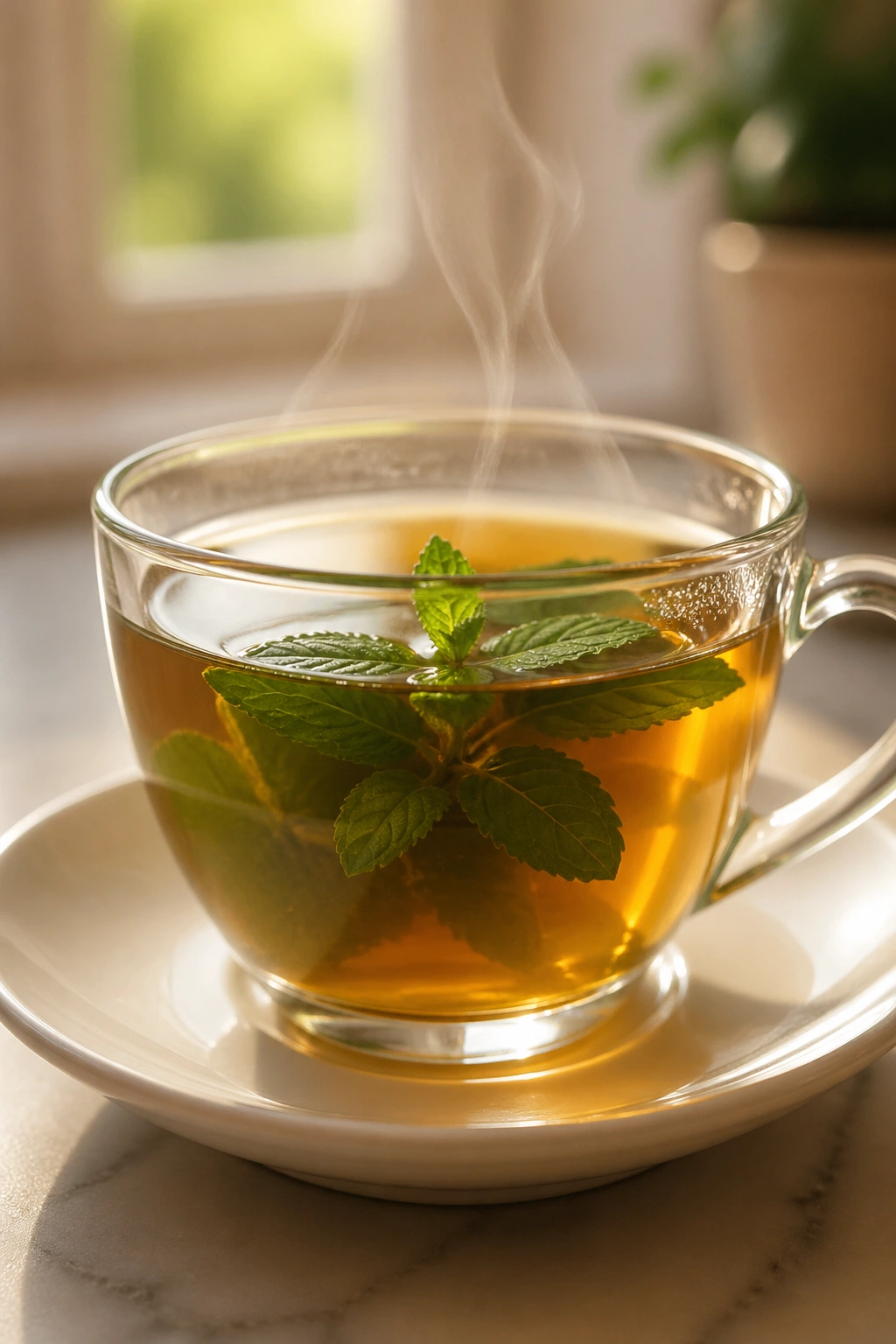 Close-up of peppermint tea in a cup on a kitchen counter