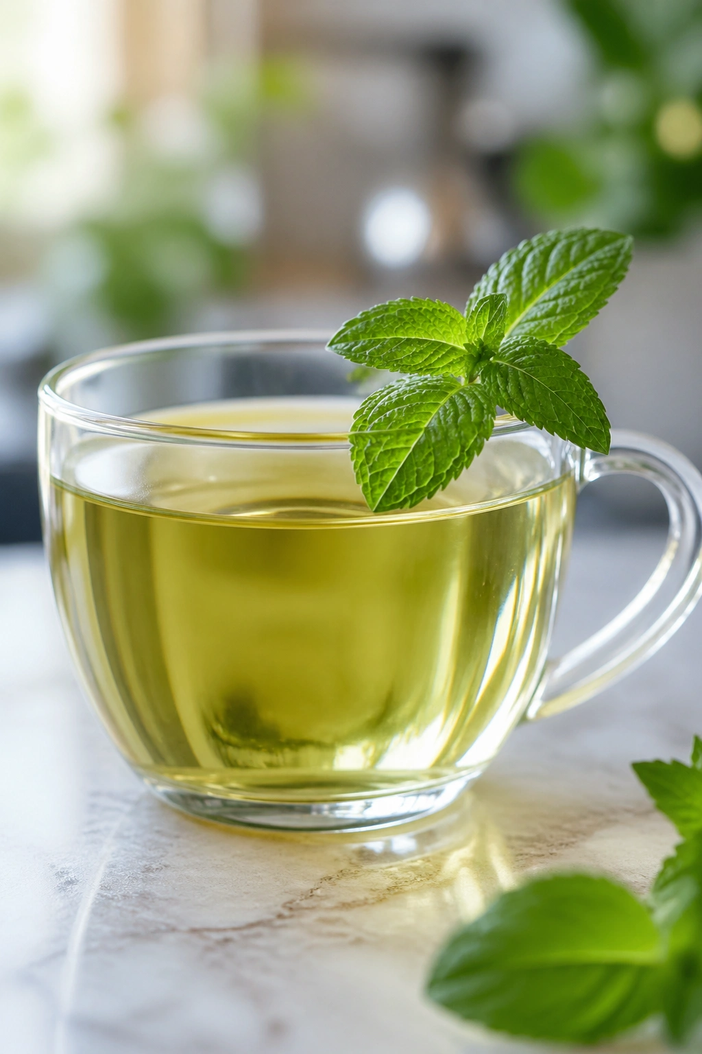Close-up of peppermint tea in a glass cup with a mint leaf on the rim