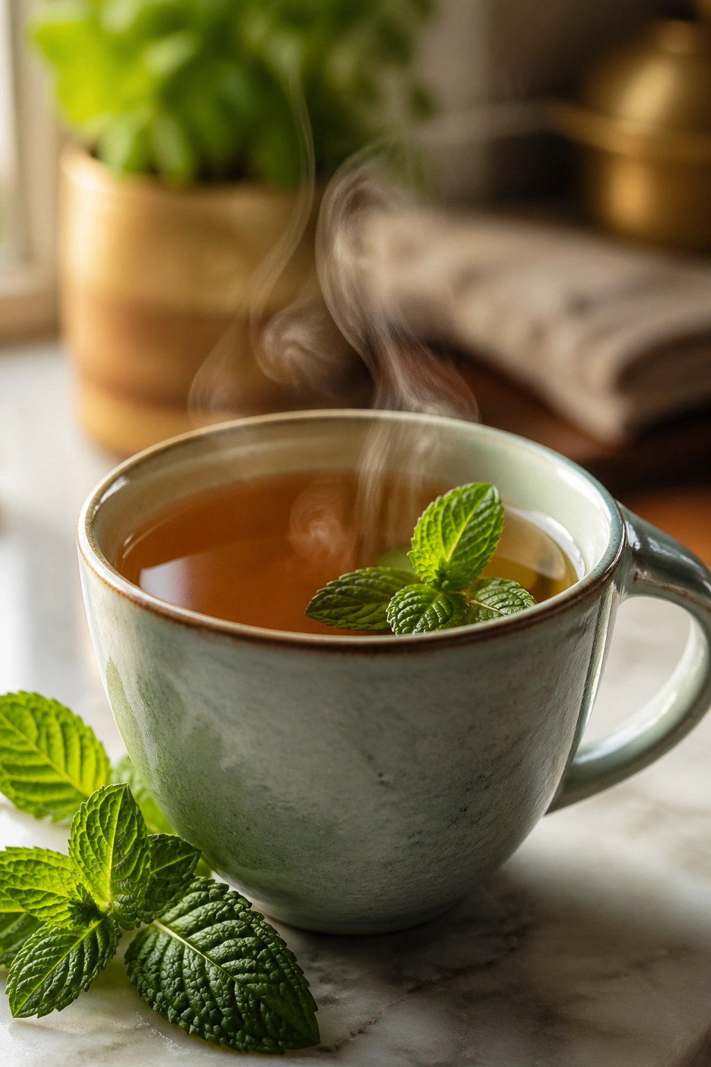 Steaming peppermint tea in a ceramic mug with steam rising