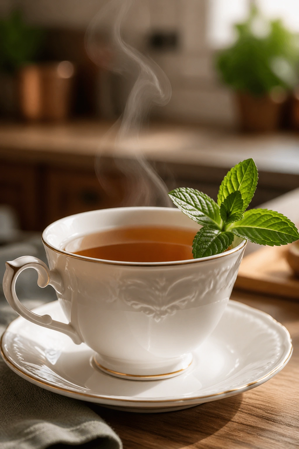 Peppermint tea in a cup with a mint leaf