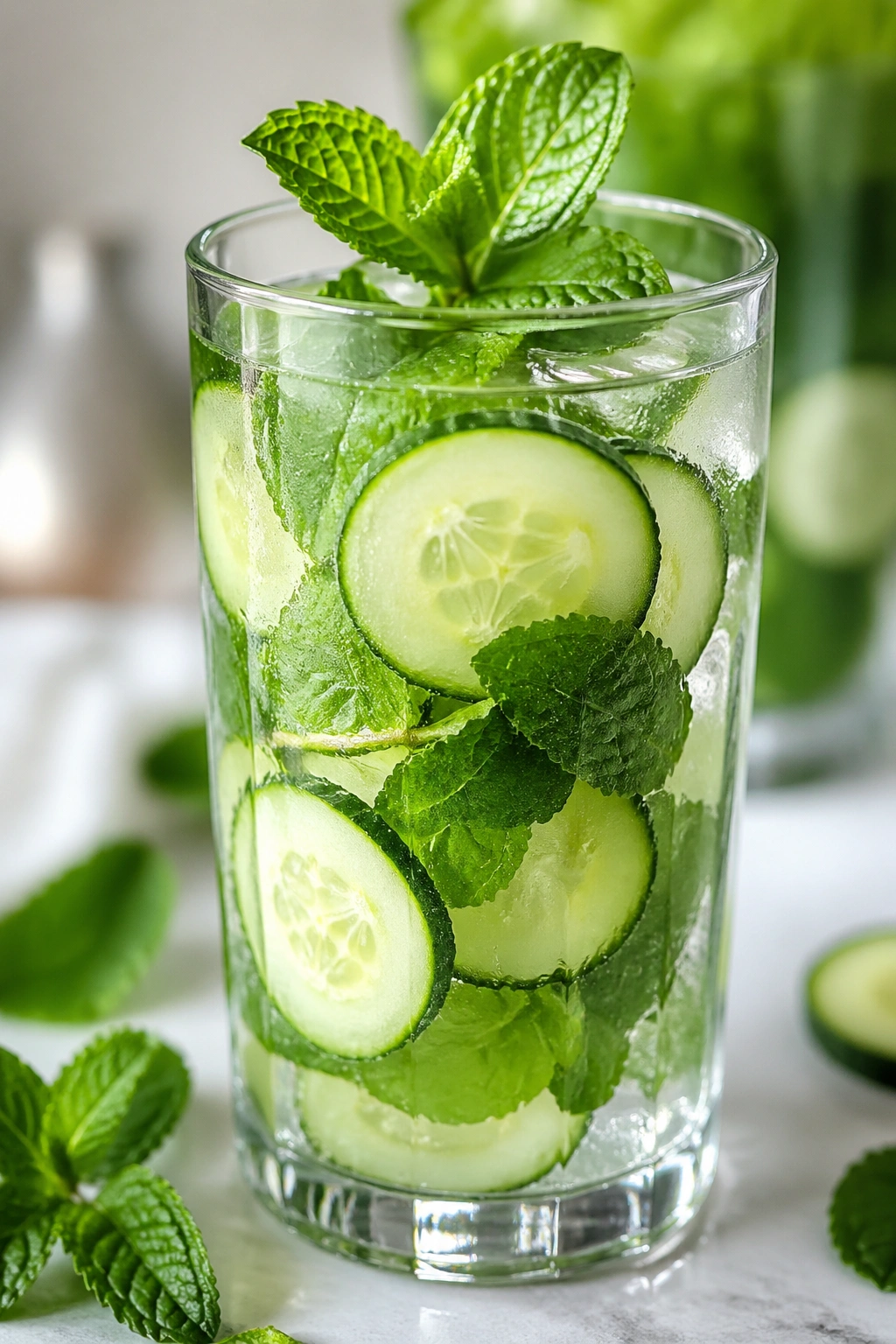 Glass of peppermint water with cucumber slices and mint on a bright kitchen counter.