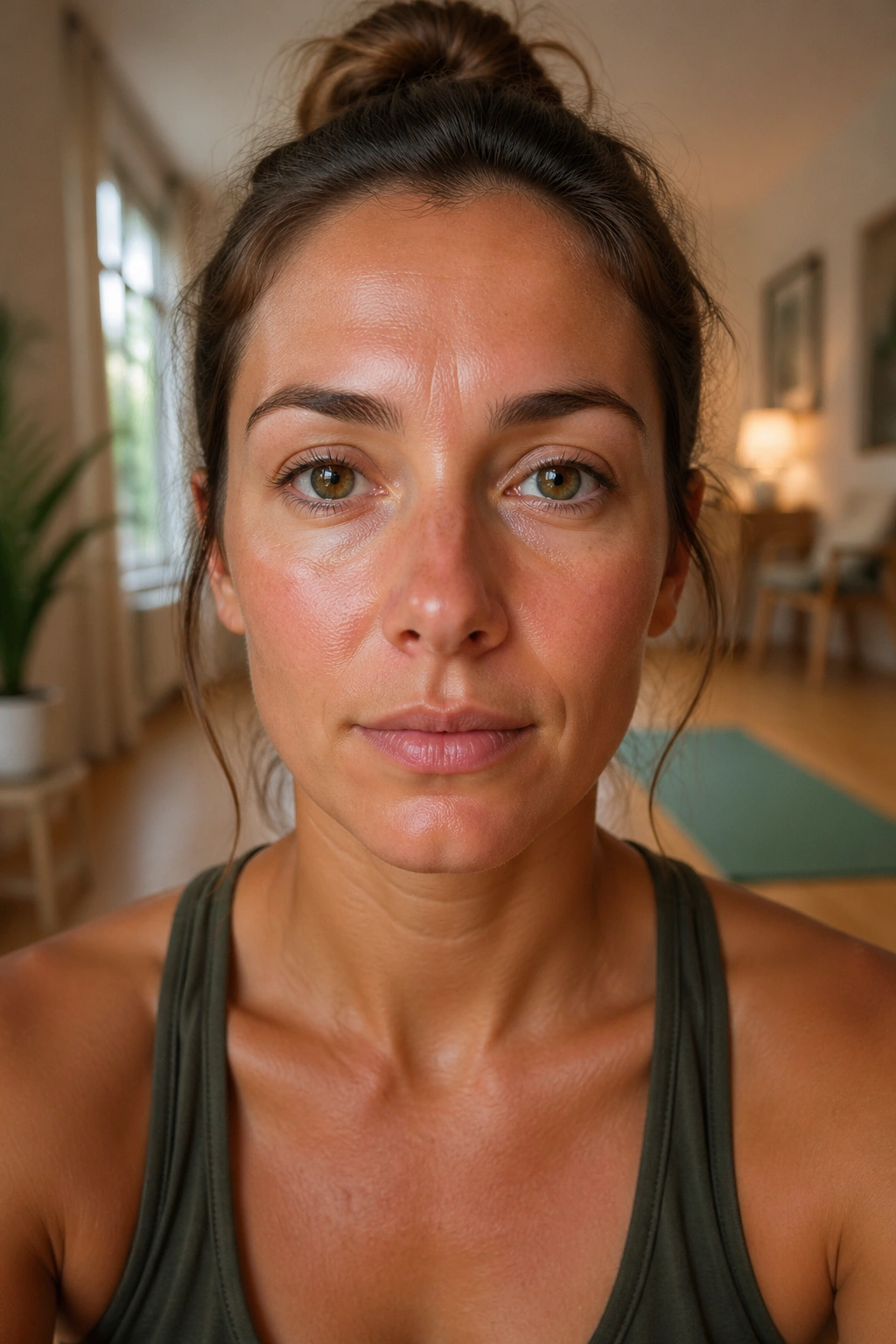 Close-up of a person practicing peripheral vision with a blurred room edge in the background