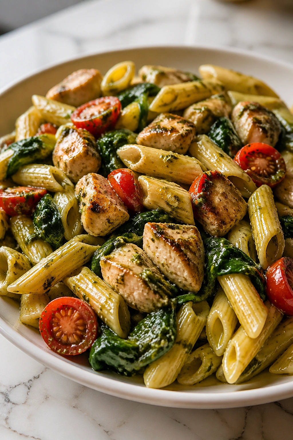 Plate of pesto chicken pasta with spinach in a bright kitchen