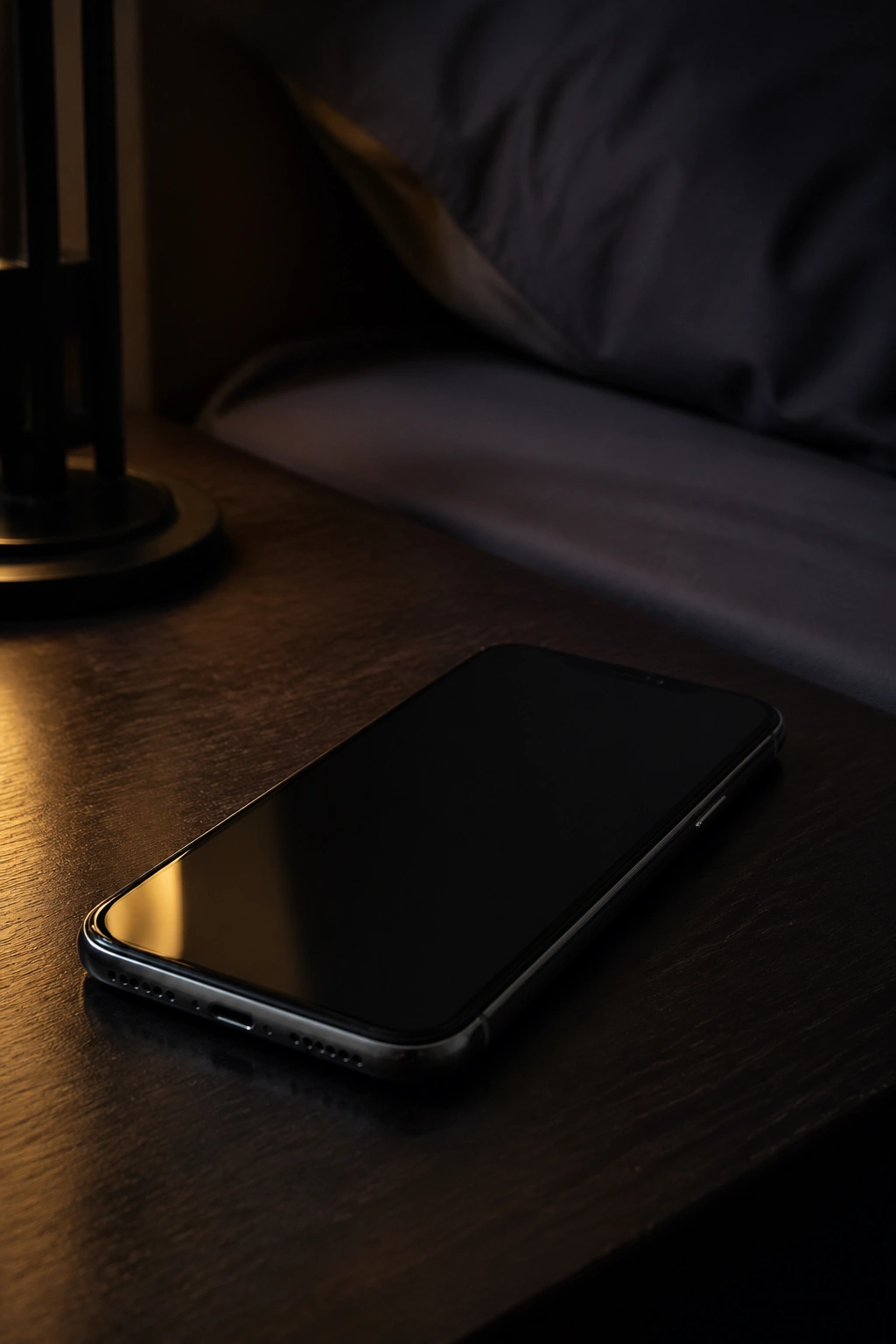 Close-up of a phone on a nightstand in a dim bedroom signaling boundary before sleep