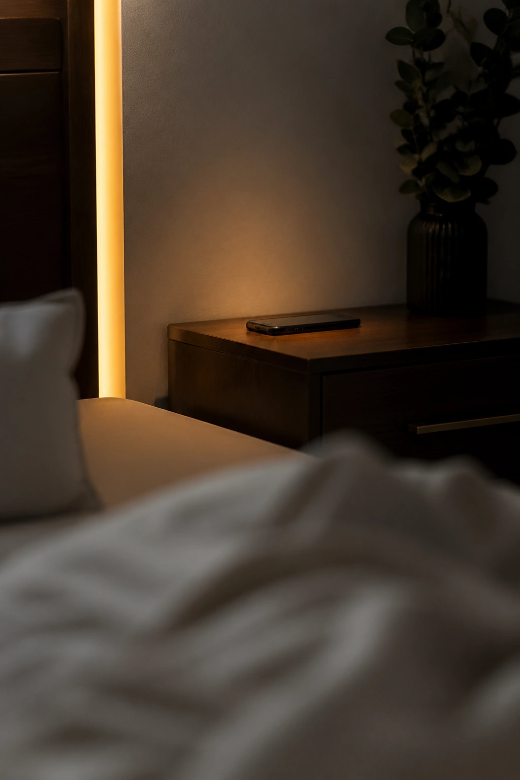 Close-up of a smartphone on a distant nightstand in a dim bedroom, hero phone away from bed