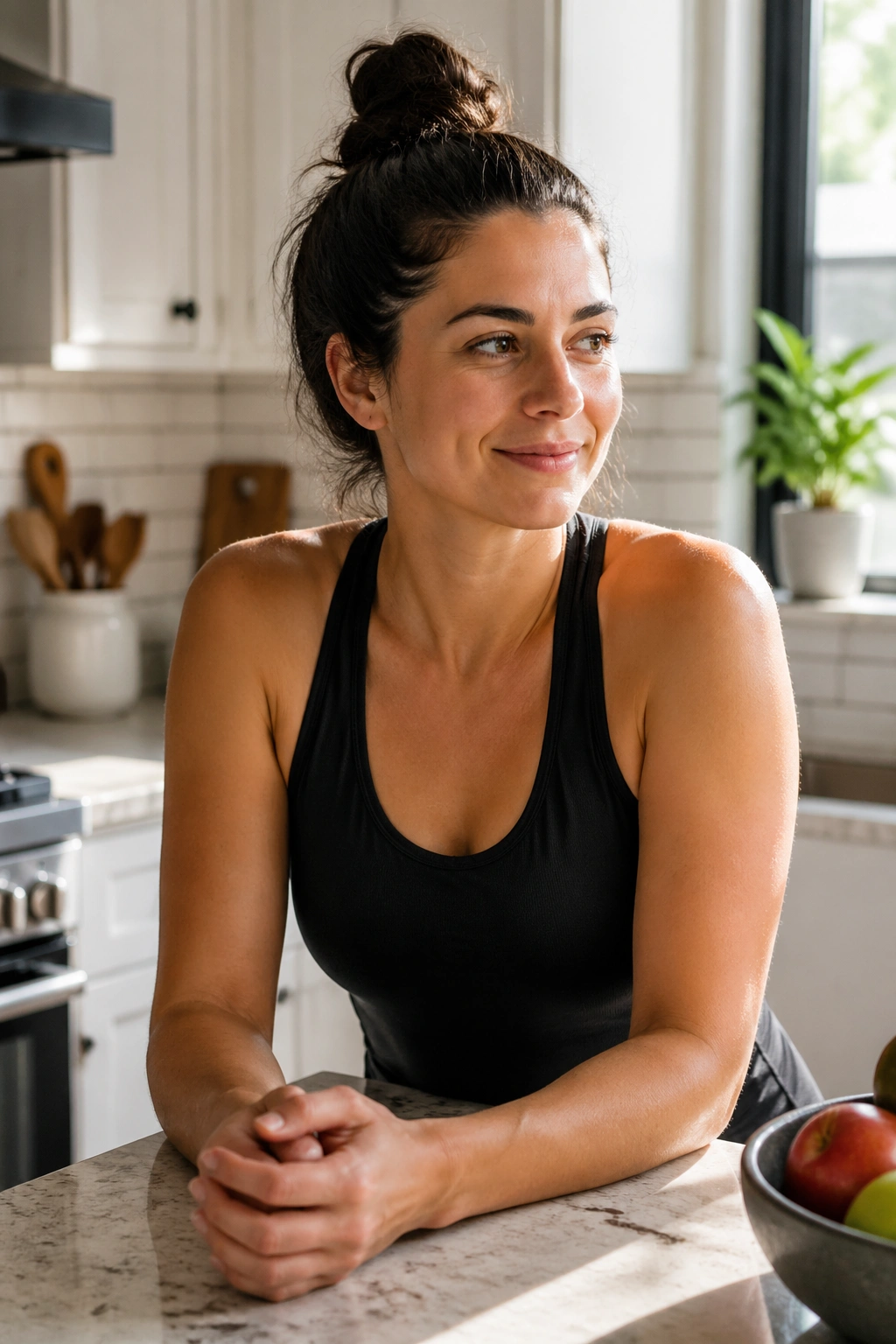 Person in a bright kitchen with phone not visible during morning routine.