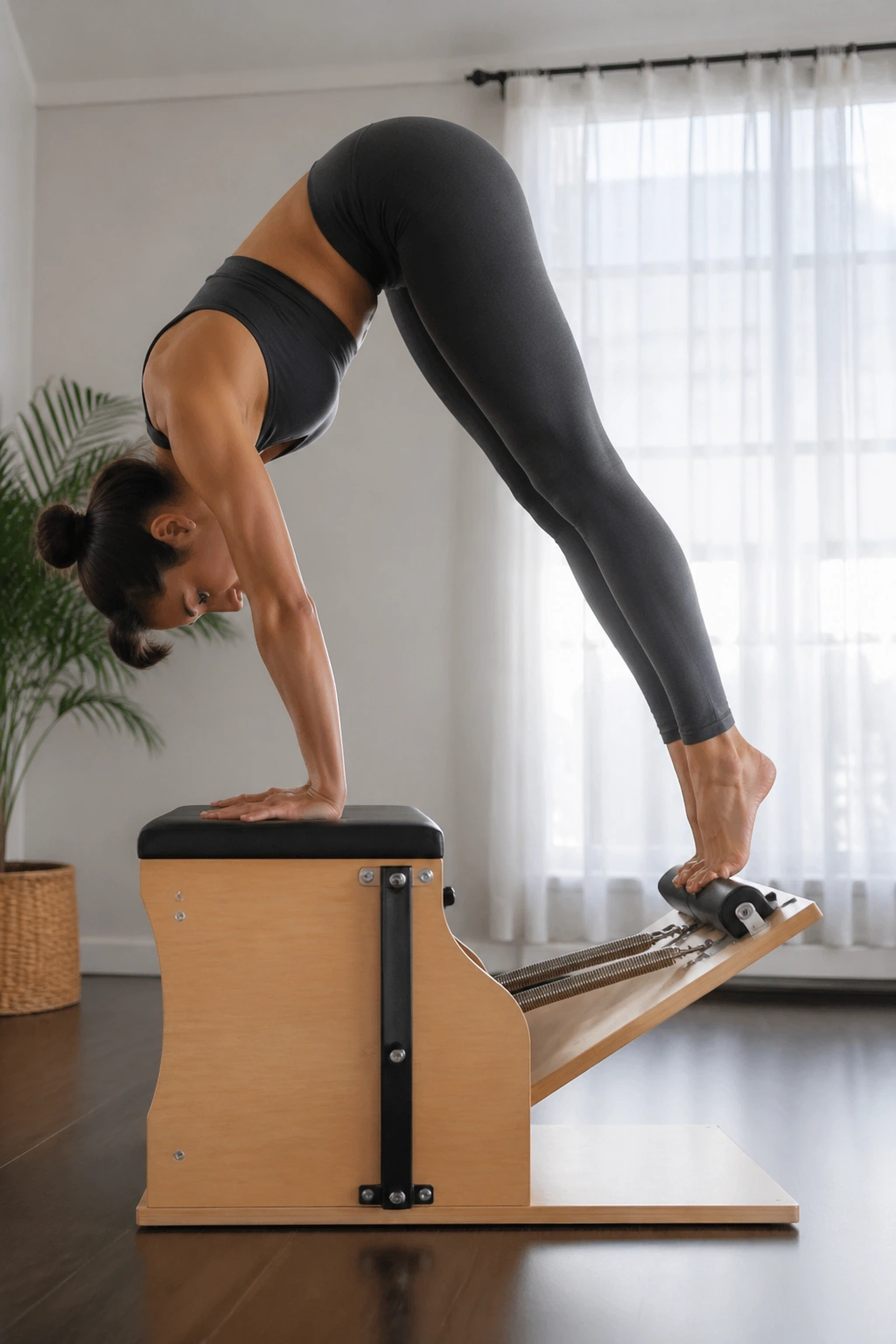 Real person performing Pike on a Pilates chair