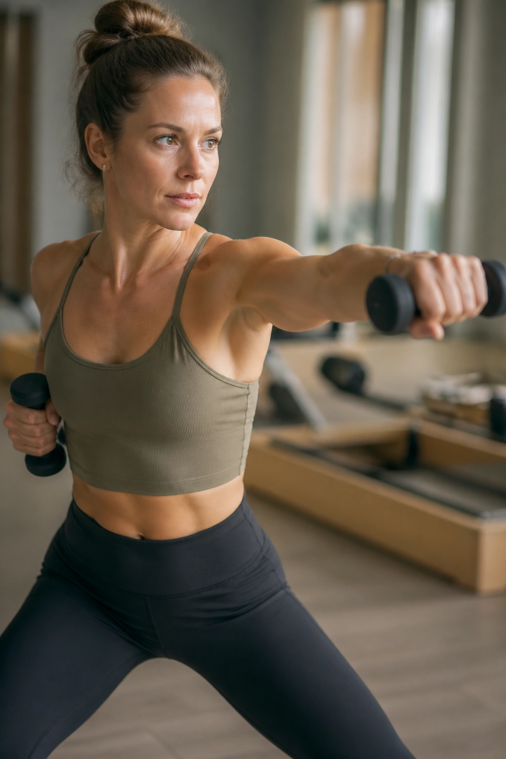Real person performing Pilates boxing punches with light weights