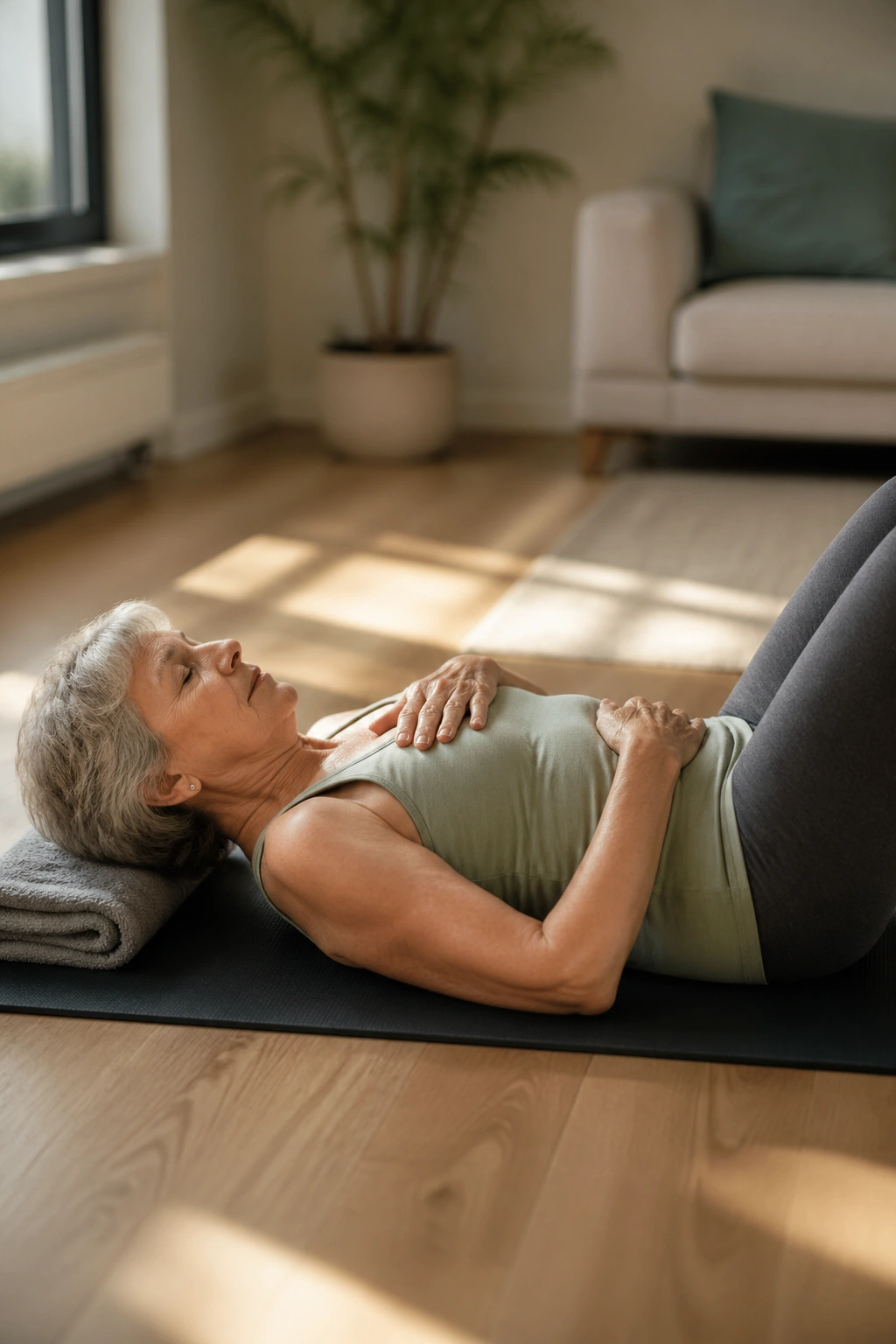 Close-up of a person on a mat practicing Pilates breath control with hands on chest and belly in a calm home setting