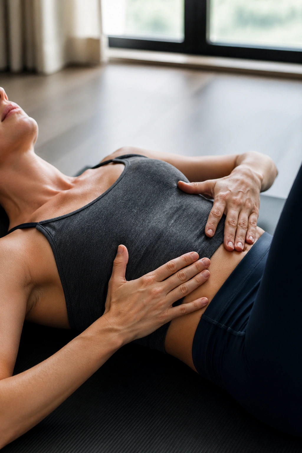 Close-up of a person’s torso showing Pilates breathing with hands on ribs