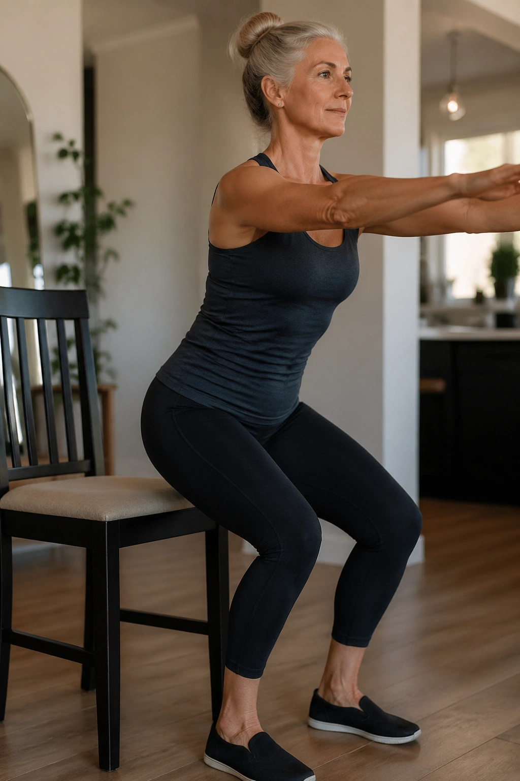 Real woman performing a Pilates chair squat with light seat tap