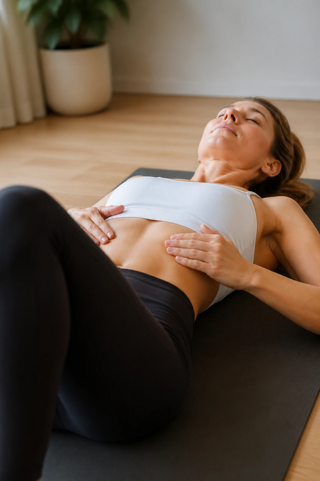 Close-up of a real person performing gentle Pilates core work on a mat